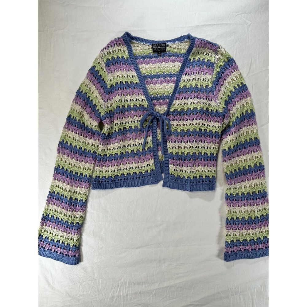 Grandmacore Boho Hippie Crochet Tie Front Cardigan Striped Cropped Sweater Small